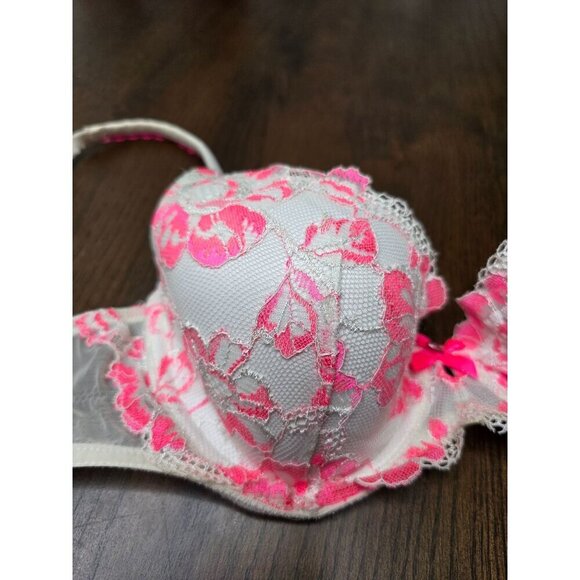 Pink & White Floral Lace Underwire Bra With Adjustable Straps & Mesh Sides Size - Picture 2 of 12